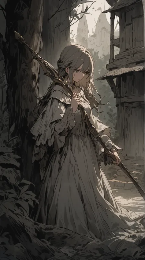 Light lines and soft colors create a dreamy effect., A fleeting impression .., A woman、Old Tree House 、 A Girl Holds an Iron Sword 、、 Fantasy 、 Fantasy 皮の鎧、