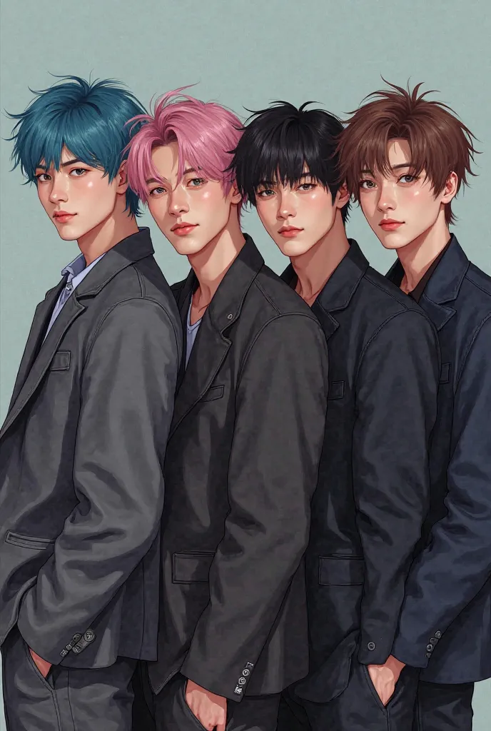 Create me a pic that have 4 male and 1 famale. 
For the Fisrt male have blue sea color hair 
Second have pink hair, third have brown hair, fourth have black hair

So they are korean kpop boyband 

And 1 famale rapper emarican black sexy famale 

They are i...