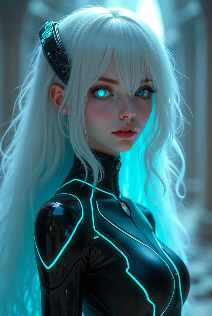 beautiful girl with long wavy girl white and cyan hair and cyan eyes wearing black and cyan Tron suit ,alien