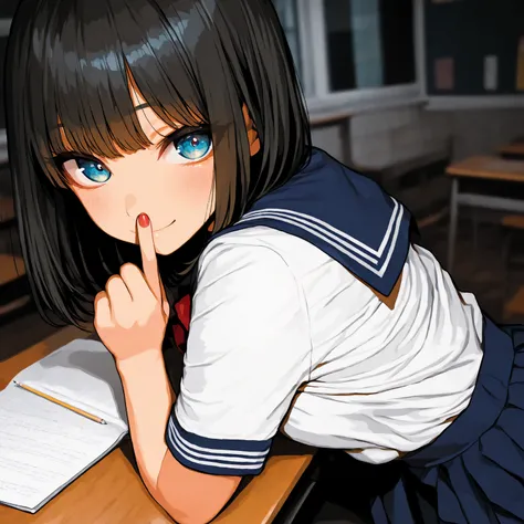 anime style,  (Highest quality), masterpiece,  aosiai123 ,  Bright Eyes ,   very big eyes, eye focus,Character focus, well-groomed face, textured skin, Sleeves Over Wrist, ((SCHOOL CLASSROOM)), Barely, navy blue skirt, viewers next to him, blue baseball un...