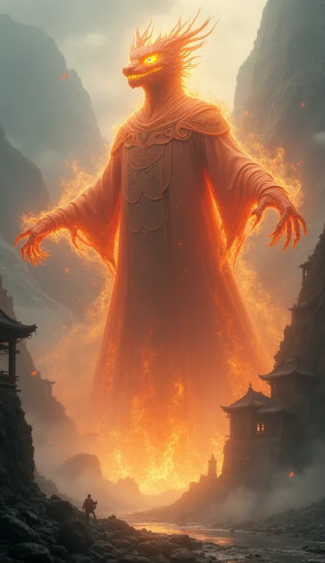 "A colossal, ghostly figure wrapped in red and gold spectral flames, the Arcane Wraith of China radiates ancient power. Its body is formed from swirling dragon-like energy, with golden celestial runes floating around its limbs. Its piercing, glowing yellow...