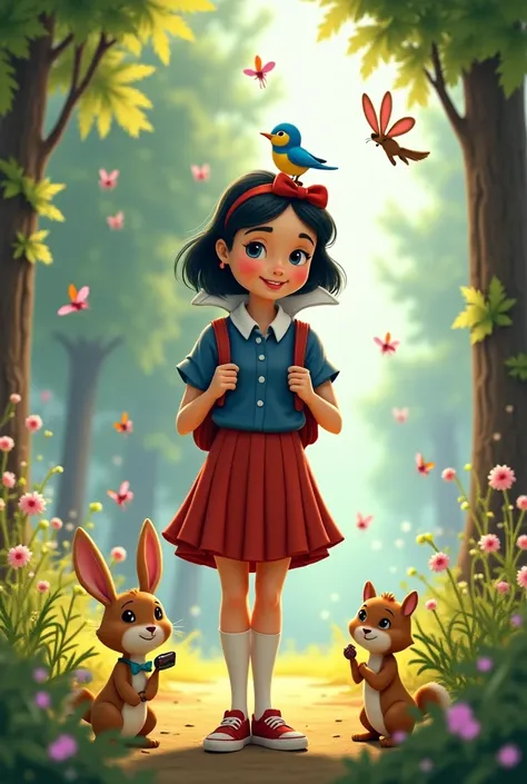 Disney Snow White for baby, wearing school clothes, backpack, a little blue bird on his shoulder, a rabbit, Squirrel, Butterflies accompanied to go to school