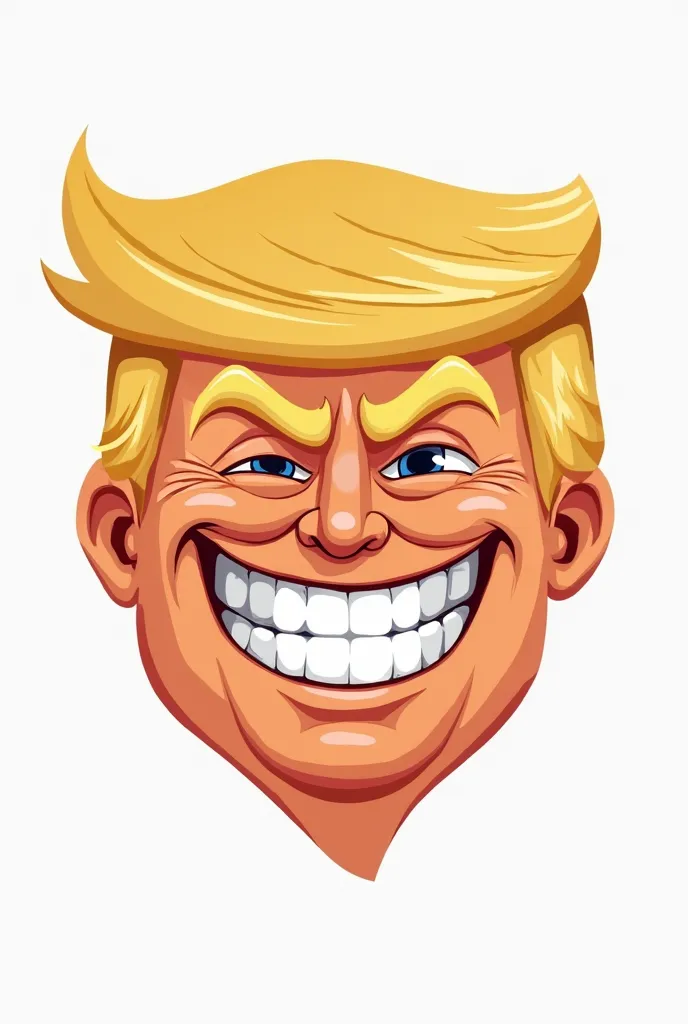 Create a cartoonish, flat, and minimalist emote of Donald Trump, focusing on a clean and exaggerated design. The emote should depict Trump with a smug, over-the-top grin, inspired by the classic 'troll face' meme, conveying a mocking and mischievous expres...