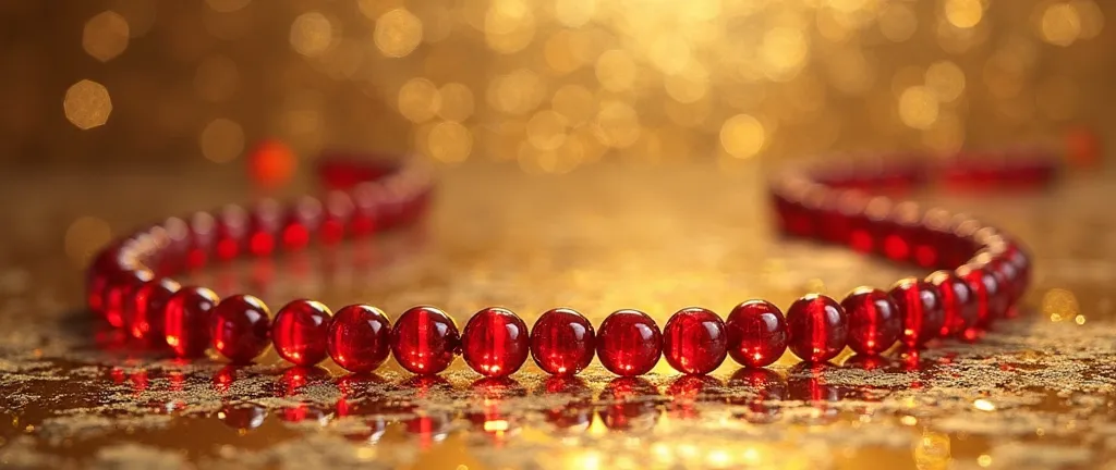 gold marble background with bright red beads