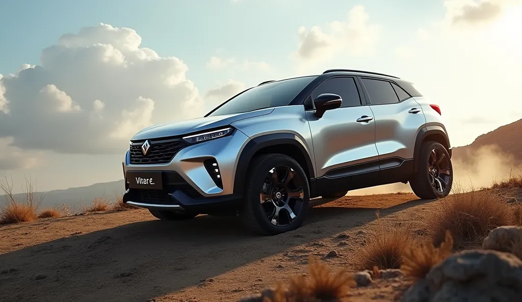 A captivating and futuristic image of 2025 maruti e Vitara taking in hill.The car's vibrant silver  Mettalic paint highlights its sleek and aerodynamic design, with bold accents showcasing the cutting-edge innovation and technology of its time. The right s...