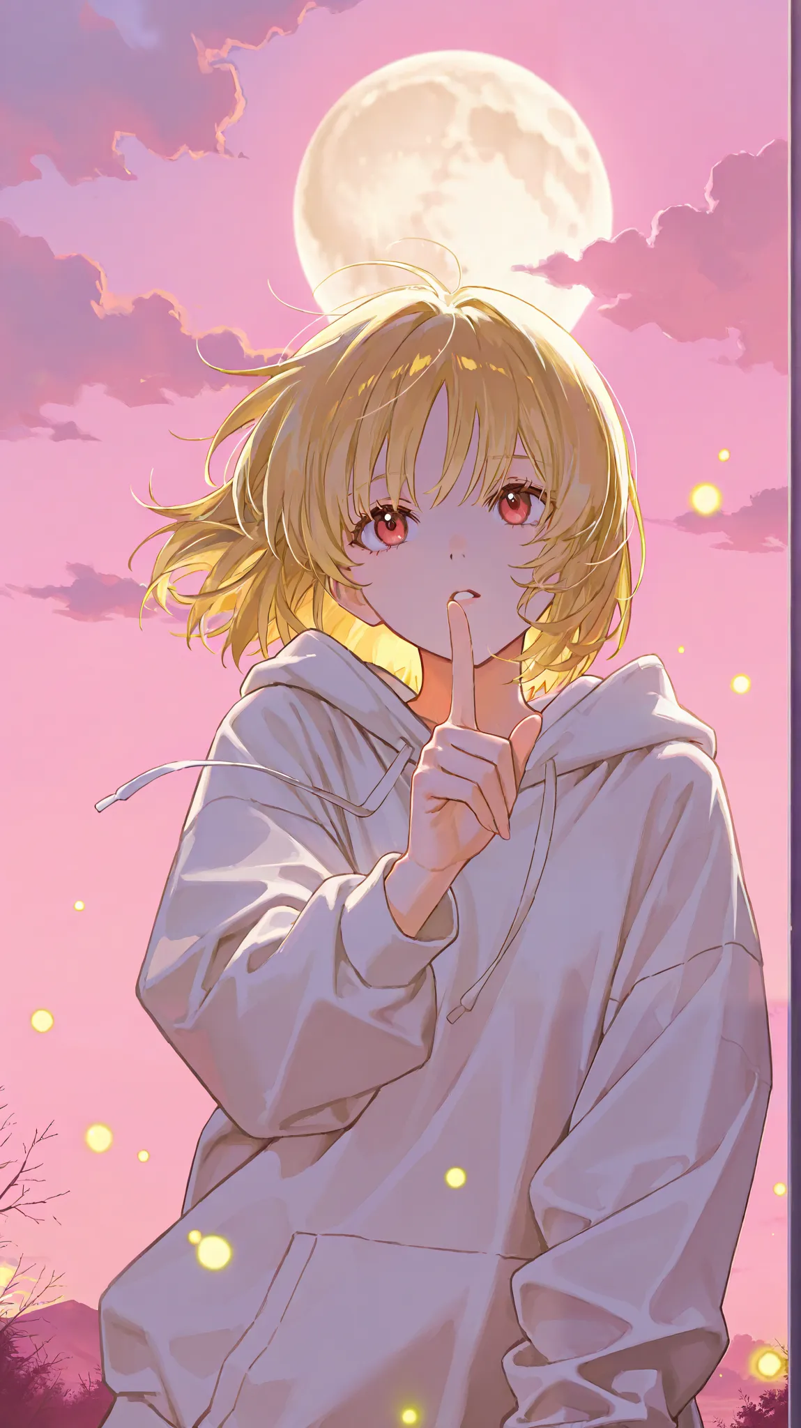 1girl, blonde, blond golden hair flutters in the wind, dark brown with red eyes, dark brown eyes with a red tint, A girl in a white oversized hoodie, stretches one hand forward, pointing with his finger, at the index finger a flash of golden magic light. S...