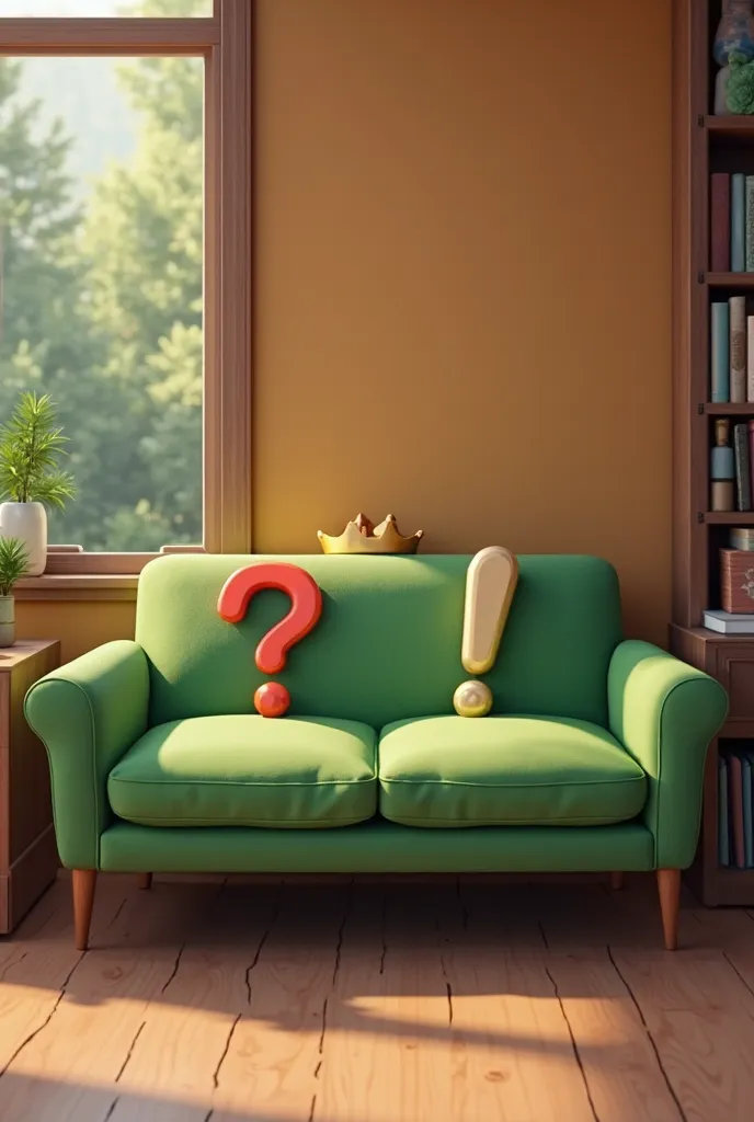 clean, geometric punctuation marks (comma, period, exclamation mark) rendered in a realistic style, positioned on a vibrant green sofa in a cozy room with caramel walls. The sofa features dark wooden legs, and in the background, there's either a window off...