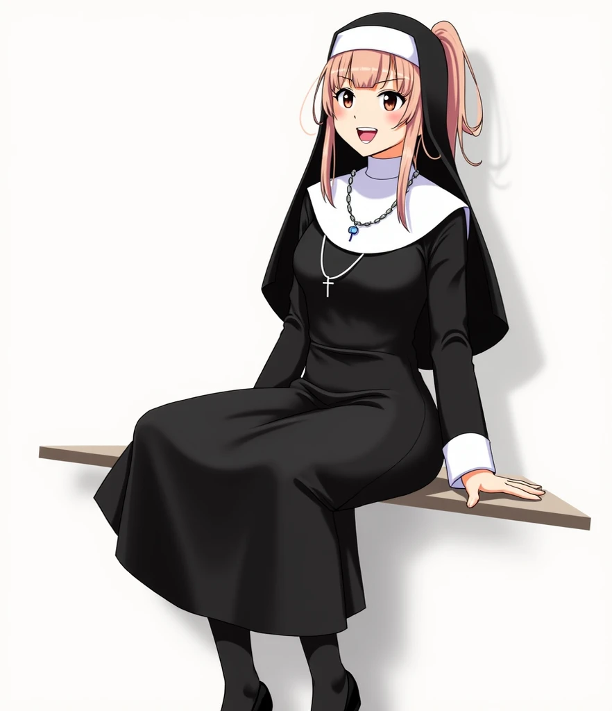  1 Girl , long hair, , 中等long hair  , ponytail, Smile, tooth, ,  Bare-Tooth Laughing , 露出下排tooth齒, 露出虎tooth,Yandere, Chest, Big breasts, nun costume , wearing rosary silver chain, Narrow skirt, Wide legs , stockings, Flats,Realism