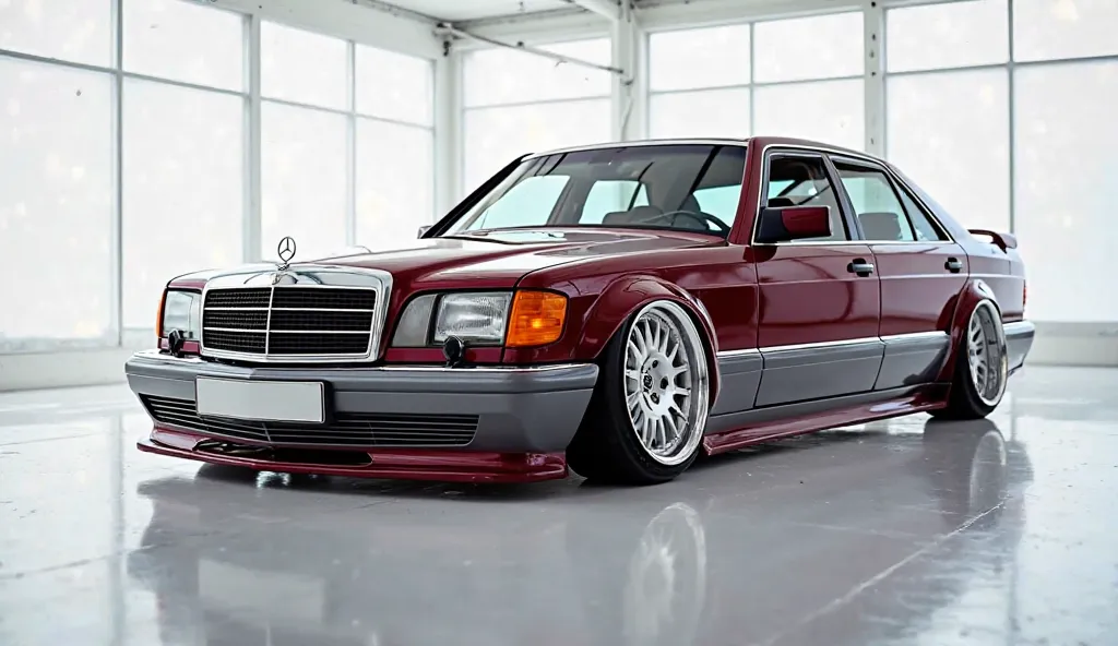 Left side view of painted maroon 1990 Mercedes SEL in sleek, large-shape sedan in large size with Mercedes logo on its large detailed grille in shiny white color with angular sporty design captured   front left side view with modified sleek backlights & wi...