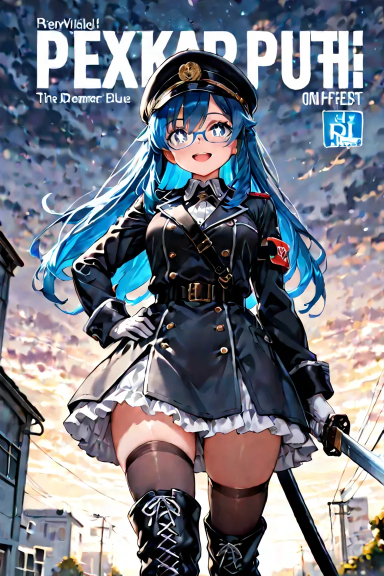 (from below:1.2, best quality ), girl , Platinumbrown color hair military uniform , The dreamer wants purplish blue eyes ,(small breasts:1.0), Lori will do it, (masterpiece:1.2, best quality ), (Beautiful detailed depiction : 1.2), ( beautiful detailed fac...