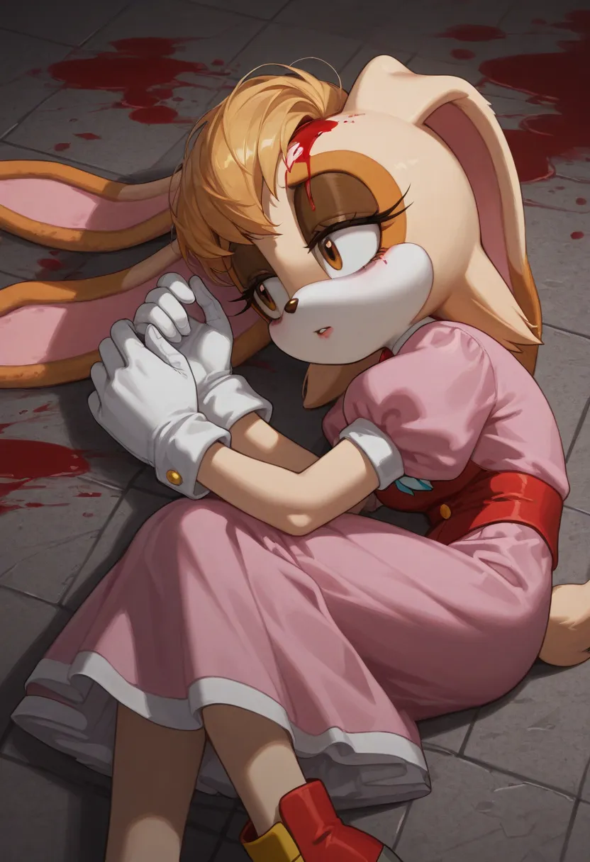 a woman in a pink dress with red blood on her head and lying on the floor holding something in her hand, 1girl, zombie, blonde hair, blood, solo, gloves Vanilla The Rabbit, 🐰