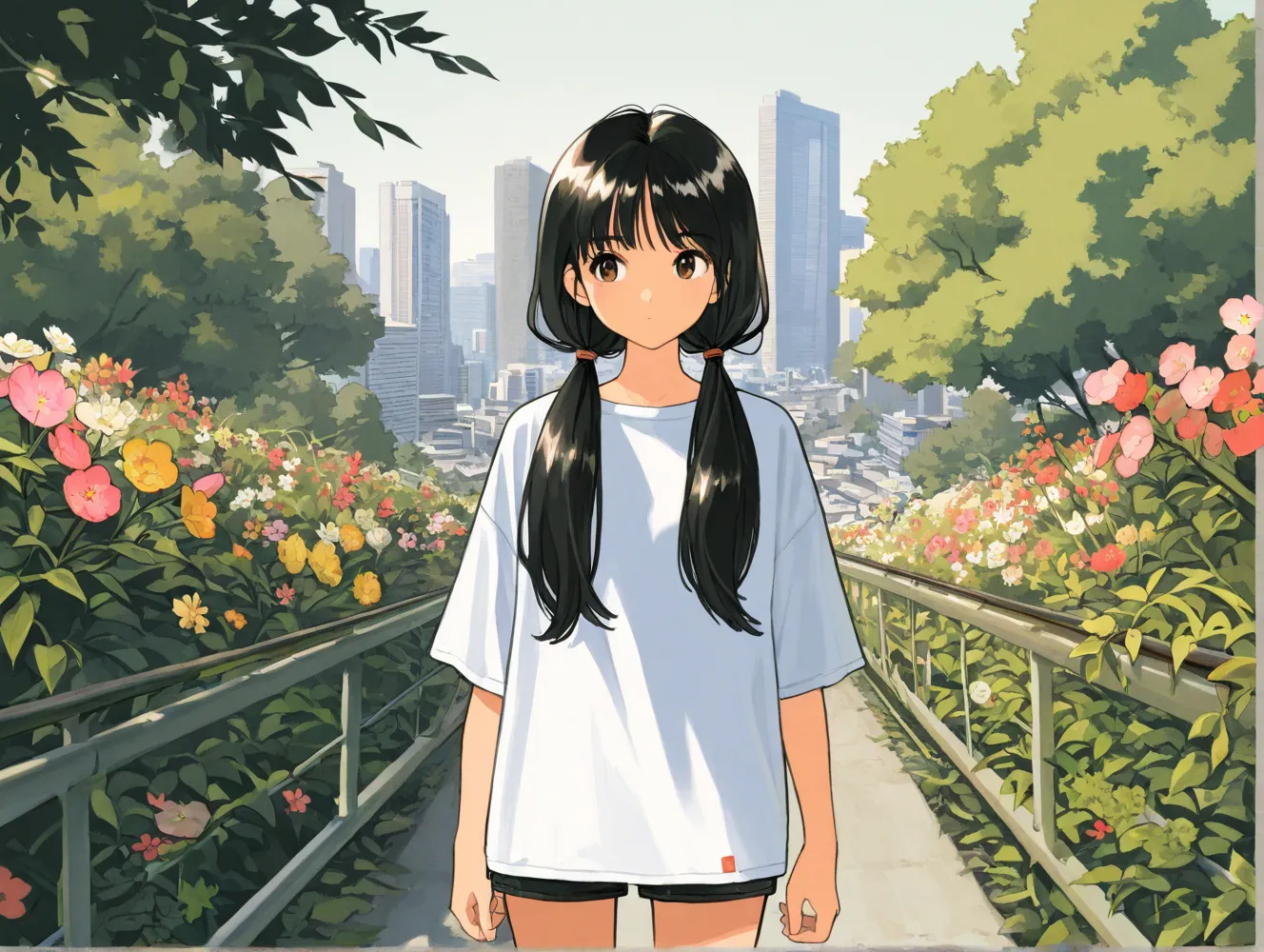 masterpiece, 1girl, black hair, low twintails, long hair, long sidehair, brown eyes, ume tree, flower, downhill slope, downhill slope way, cityscape, cowboy shot