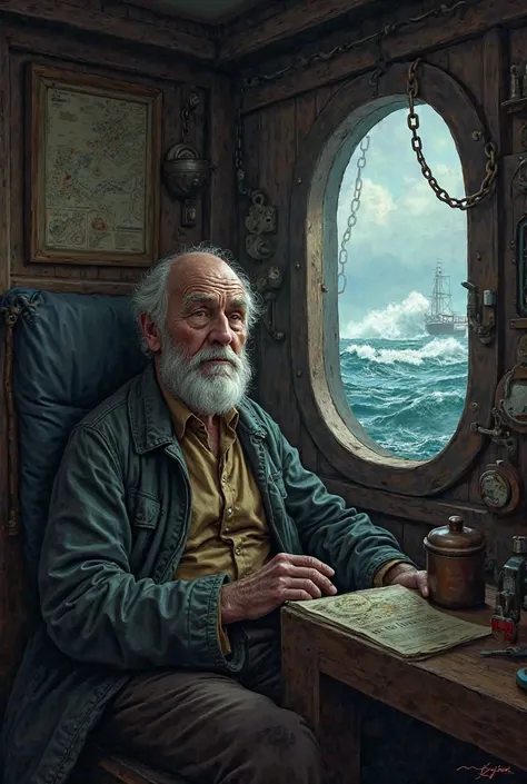 The bald old man being awakened from sleep in his cabin in the stormy ship