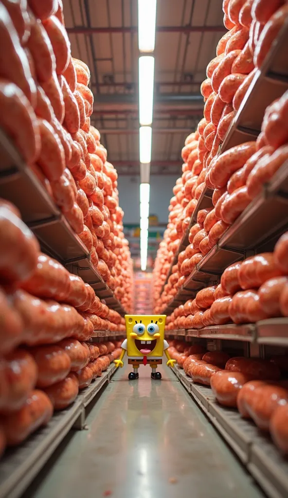 SpongeBob and Patrick enter a giant sausage corridor in a hyper-realistic supermarket. The shelves are high, illuminated by fluorescent lights, and the sausage packaging shines with ultra-detailed textures.