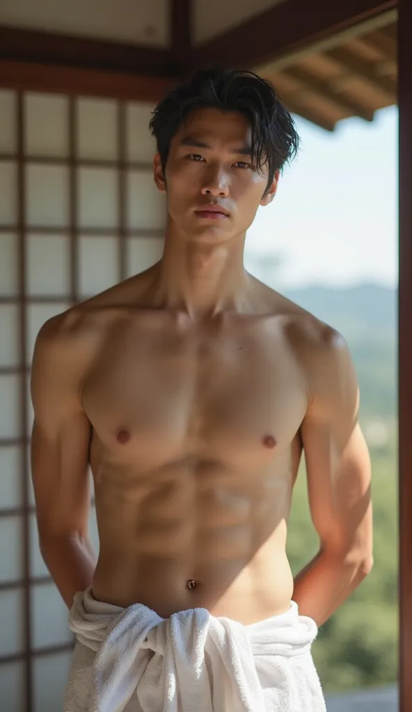 . 20-year-old Chinese man. Light detail magnification , cute, cute,  casting, Body Pierced Wearing a White Towel,   Not wearing a shirt ,  Undress,  backdrop is a Japanese house. Beautiful scenery