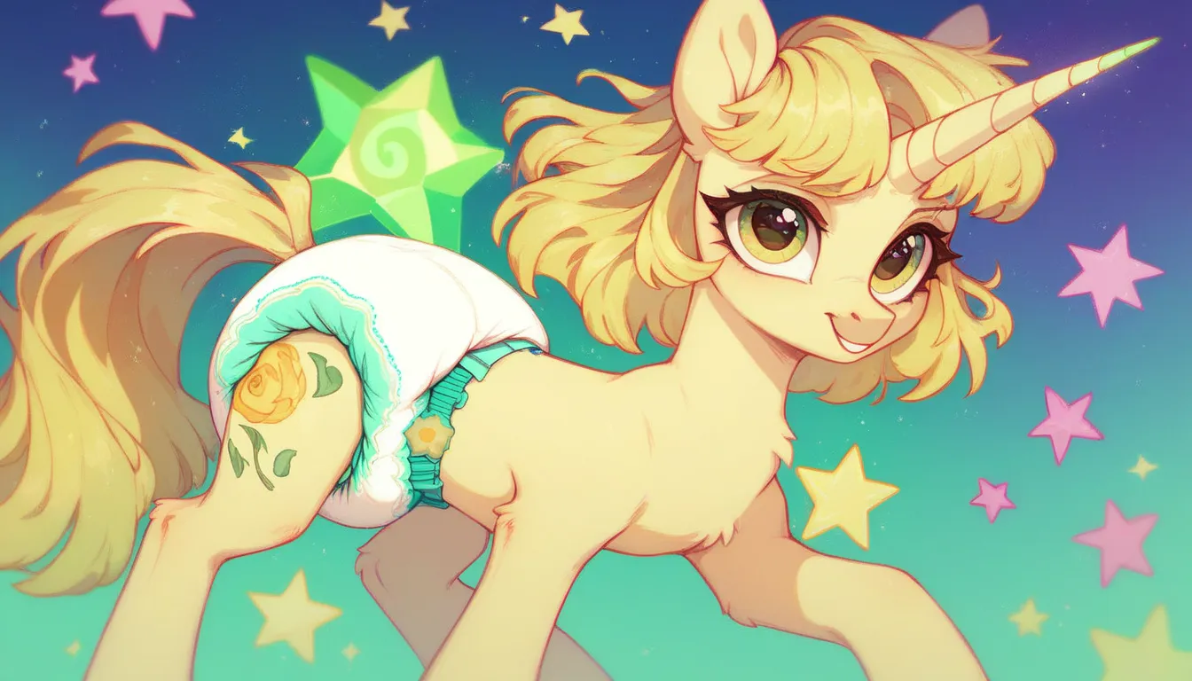 light pink unicorn pony alone, adult mare, light yellow mane with green strand,  brown eyes, kind face expression, cutie mark - yellow diaper surrounded by purple stars, light yellow tail with green strand, stands on four hooves, solo, simple background. 