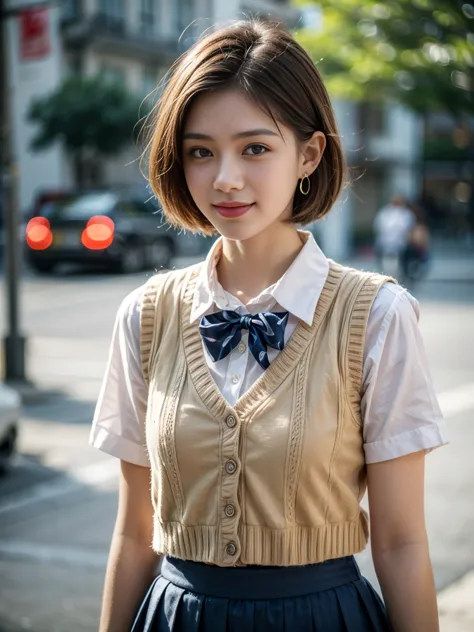 Top quality, ultra high resolution, realistic, Beautiful Woman, Beautiful detail eyes and skin, smile, Light brown short-cut hair. She is wearing (small earring, tiny necklace, school uniform:1.3, collared white shirt, scarlet vest, royal blue frilled skir...