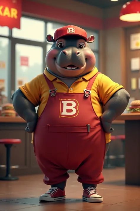 photorealistic full body portrait of Dressed animals - a ((fat)) (baby hippo) fast food worker,(art by Giuseppe Arcimboldo),(happy smile:1.5),(furry), high quality,(lovely) hands on hips,, (Wearing fast food shop uniform) , (wearing apron and shirt with lo...