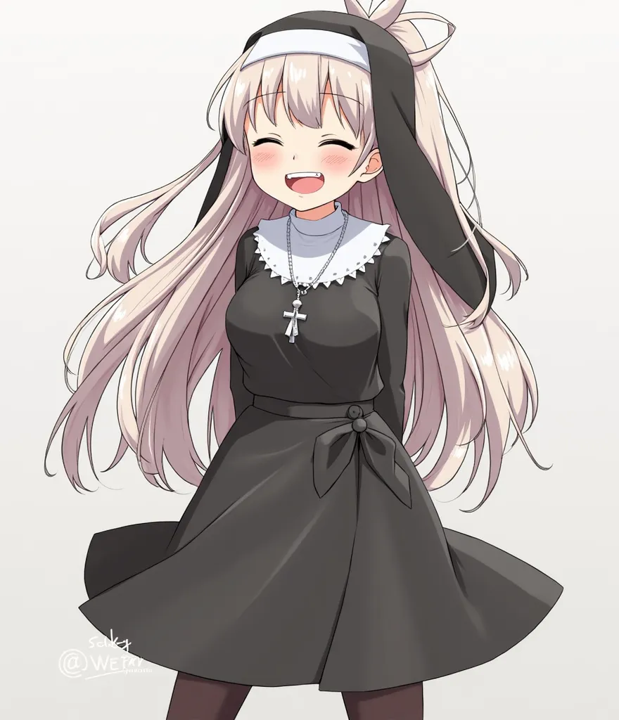  1 Girl , long hair, , 中等long hair  , ponytail, Smile, tooth, ,  Bare-Tooth Laughing , 露出下排tooth齒, 露出虎tooth,Yandere, Chest, Big breasts, nun costume , wearing rosary silver chain, Narrow skirt, Wide legs , stockings, Flats,Realism