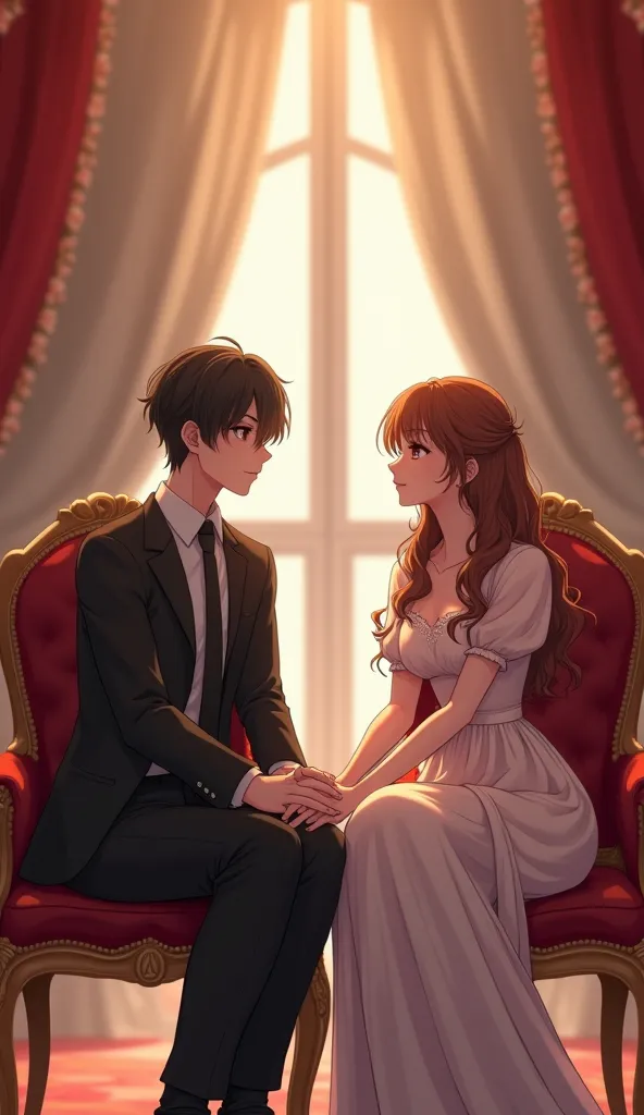 Create a picture of a male and female couple, use it for a novel cover. The background is a hall. The picture is clear. They are sitting in a chair. It is luxurious. The young couple is facing forward. Their faces are beautiful. They have 5 fingers on each...