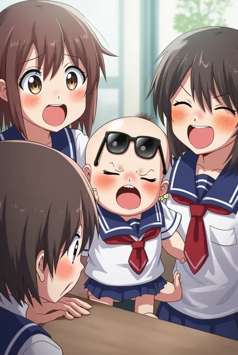 (((baby))),((schools)),(( girls on the left)),(One person),((( baby))),(School Uniform),( girls on the left),(((sunglasses))),(tie),(((baby))),(((baby))),(cracking up))),,(((big iaugh))),((screamign)),((angry))