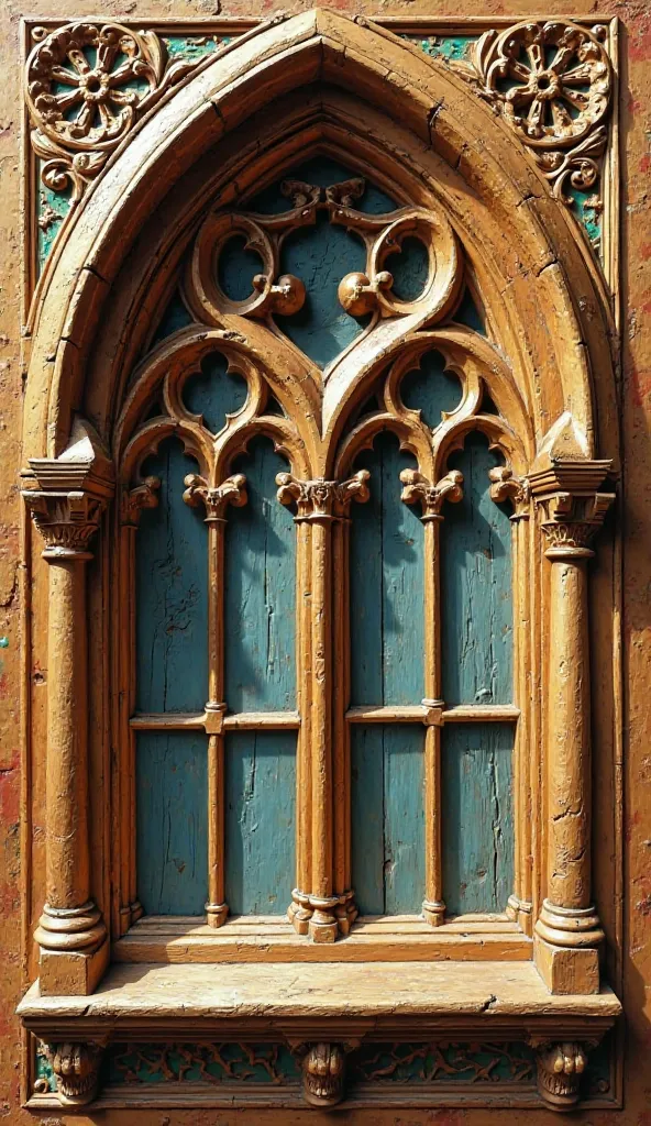 Create a high-quality masterpiece - a high-relief painted wooden frieze with carved wooden figures in medieval style framed by a Gothic arch with buttresses. Very pronounced shadows in the relief. foreground: ((([High-relief painted golden wooden frieze in...