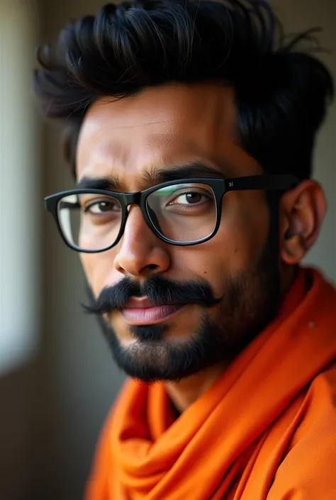 A  man with a mustache having glasses of indian origin having nice hairs hindu in fair