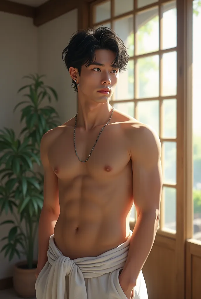 18-Year-Old Korean Man Expanding Light Detail , cute, cute,  casting, Body Pierced Wearing a White Towel,   Not wearing a shirt ,  Undress,  backdrop is a Japanese house. Beautiful scenery