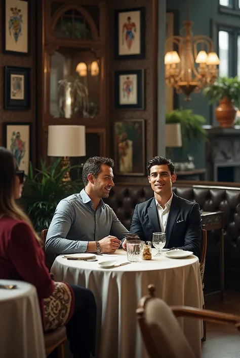 The two characters in the picture are talking to Ronaldo in a restaurant