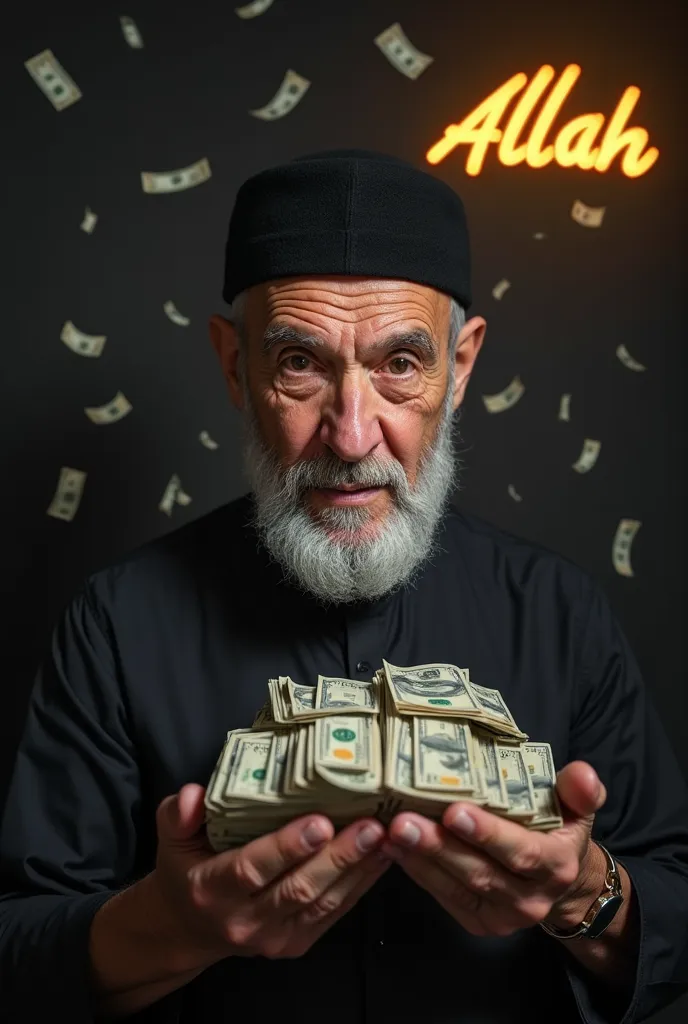 8k. 4k. A father with a wise and gentle expression, wearing a simple black cap (peci). He holds a large amount of money in his hands with a calm and dignified posture. The background is dark, with money scattered around, accompanied by soft, dramatic light...