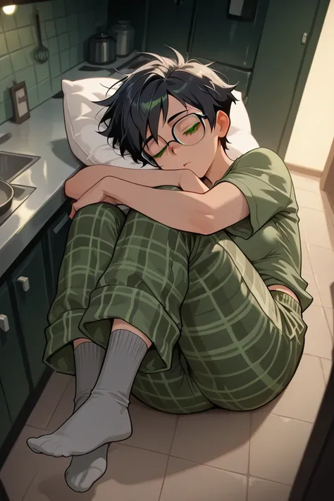 masterpiece,best quality,absurdres, (close-up:1.2), ((1girl)), dani phantom, medium breasts, hips, short hair, black hair, messy hair, ((tomboy clothing)), green eyes, ((glasses)), ((baggy dark green short sleeves shirt, green plaid two toned sleep pants, ...