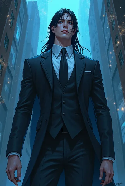 A tall man with straight hair in black color, black suit and bright blue eyes like the universe in anime style 