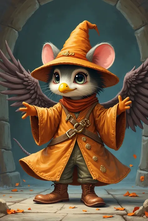 little anthropomorphic mouse girl Mobian with orange wool hat, in a sorcerer's suit , brown boots,  orange wool gloves , Yellow crow beak,wings spread out Geronimo Stilton style, in anime, In sketch , Dark shading , size difference 