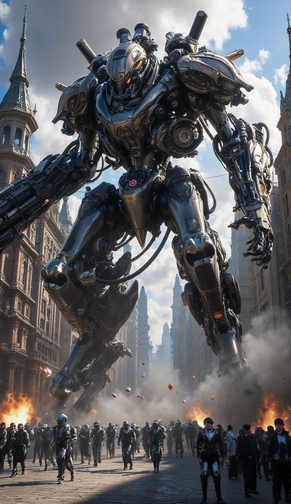 "A steampunk-themed battle robot, equipped with spinning gears and steam-powered weapons, firing a massive gatling gun at an army of droids in a Victorian-style city."