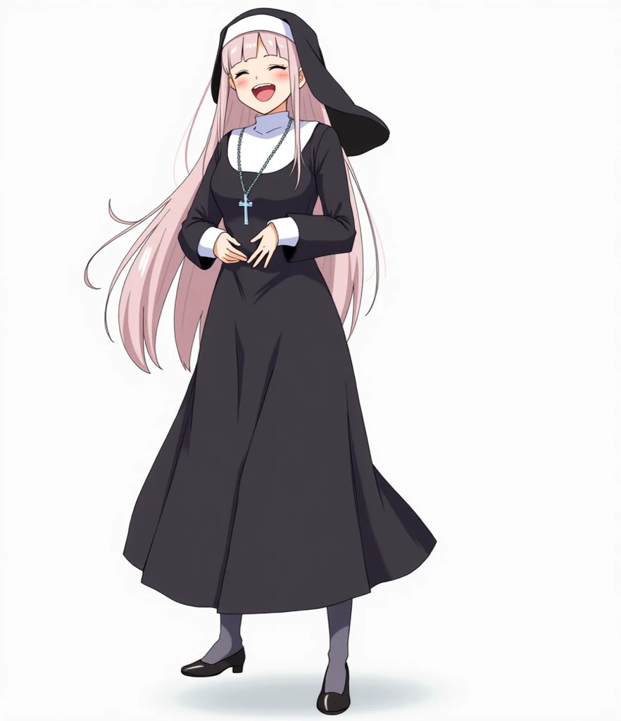  1 Girl , long hair, , 中等long hair  , ponytail, Smile, tooth, ,  Bare-Tooth Laughing , 露出下排tooth齒, 露出虎tooth,Yandere, Chest, Big breasts, nun costume , wearing rosary silver chain, Narrow skirt, Wide legs , stockings, Flats,Realism