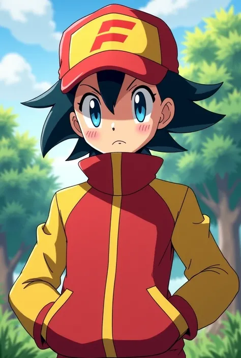 Pokémon trainer in red and yellow jacket with red and yellow cap dark hair blue eyes 