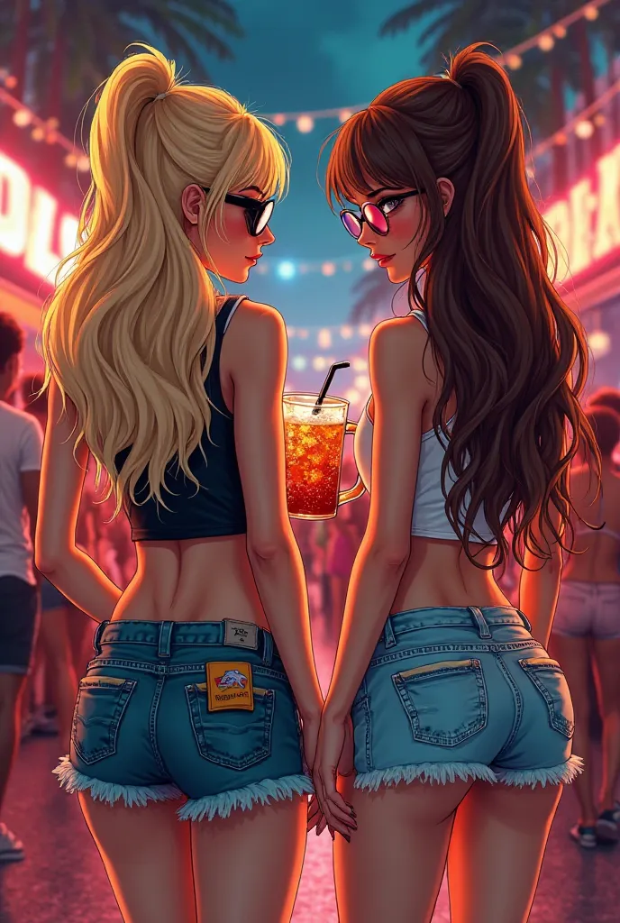 in popart und comic style, a blond slim girl with a beer mug with sangria with straw and a brown-haired girl with very long hair with smaller!!! Body with beer mug with sangria and straw, Show both from behind with jeans shorts T-shirt faster glasses and f...