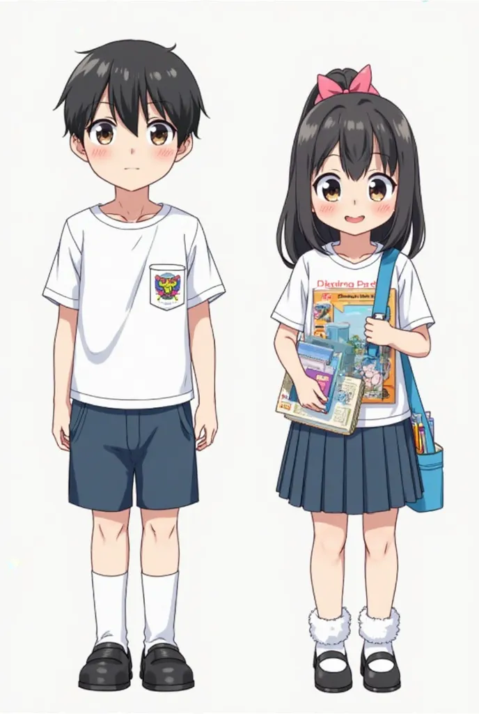 Male Elementary School Character
Name: younger

Physical characteristics:

Neatly short hair, black

Wear a short-sleeved white shirt with a school badge on the pocket.

Dark blue shorts

Black Student Shoes White Fur Socks

Round face, keys, big eyes repr...