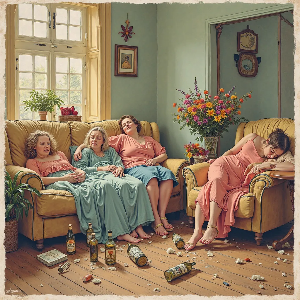 Humorous postcard for March 8. Drunk European-looking women lie drunk on couches and sleeping, alcohol bottles lying on the floor, there are leftovers on the table. There are bouquets of flowers in the room.  there is an inscription "happy women's day 8 ma...