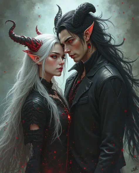 1 girl with white hair with red locks and silver eyes she is a demon of demon slayer with a young man with black hair red eyes and black horns 