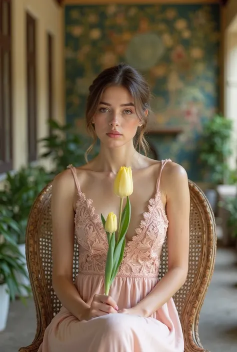 a woman sitting on a chair with elegant style. She wore a light pink lace dress and held a light yellow tulip in her hand. The background has many green trees and wall paintings, creating a gentle, sophisticated space. The exterior and interior have a clas...