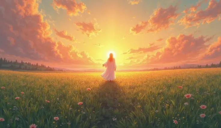 Image of a sunset, ren playing, an open field symbolizing peace and the Kingdom of God.