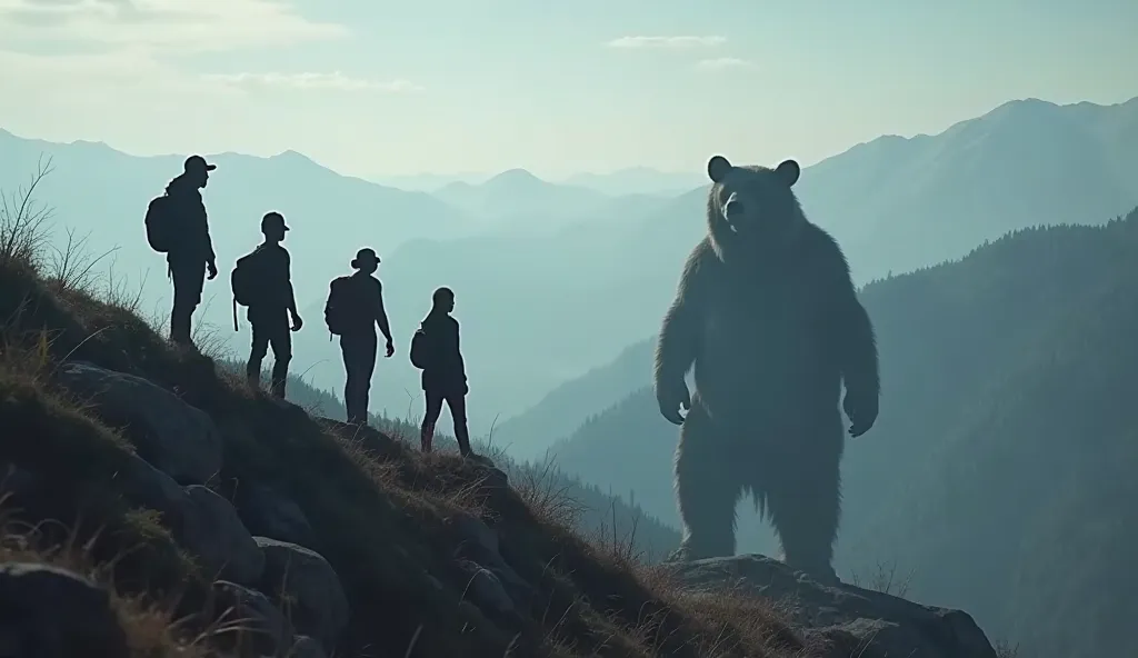 those 4 people climb on the mountain, one person is wearing a hat. They were being watched by a mysterious black figure at some distance on the mountains but they had no idea. make the figure a bear size