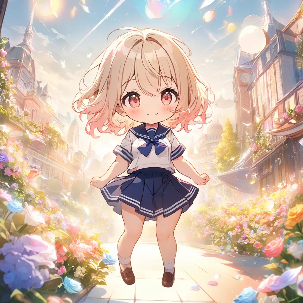 masterpiece, best quality, 4k、((2D illustration))、one beautiful girl、(((chibi style)))、solo、((cute chibi)), ((lens flare))、((sea of light)), ((white light)), ((colorful))、((warm colors))、((long beautiful hair)), glossy light blonde hair, gradient hair colo...