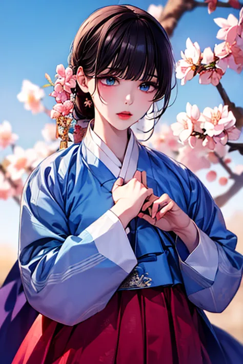 (((gfyuju ))), ((((black hair)))), blue eyes, (((Hanbok1.5))), hanbok, ((dangui)), Outstanding, Best Aesthetic, Best Quality, Masterpiece, Very Detailed, Masterpiece,  1girl , Alone, Blue Sky, Daytime, Flower, Cherry Blossom, Plum Blossom, Lilies, Beautifu...