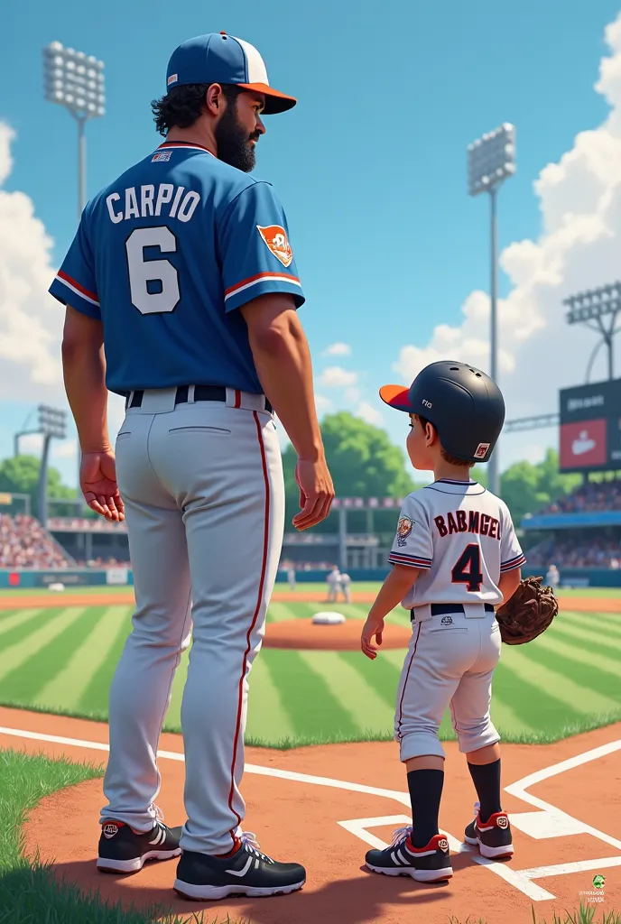 Baseball field, there is two guy the tall guy 6'1ft is wearing a blue baseball jersey that named Carpio and that has num 6 while the other guy the 5'3ft is wearing a radtech uniform 