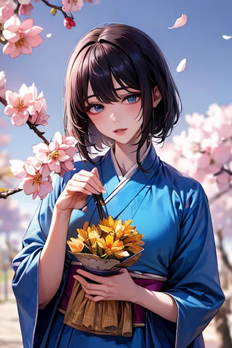 (((gfyuju ))), ((((black hair)))), blue eyes, (((Hanbok1.5))), hanbok, ((dangui)), Outstanding, Best Aesthetic, Best Quality, Masterpiece, Very Detailed, Masterpiece,  1girl , Alone, Blue Sky, Daytime, Flower, Cherry Blossom, Plum Blossom, Lilies, Beautifu...