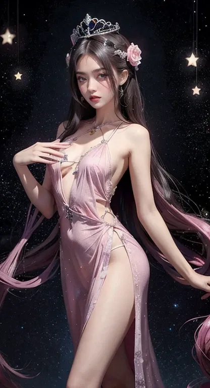 27歳のwoman1人, 1   constellation goddess from the future, 12   constellation goddess pink purple, 12   constellation goddess face sexy thin yellow nightgown, long thin nightgown 12   constellation many limbs sexy black lace detail, mythical goddess of the 12...