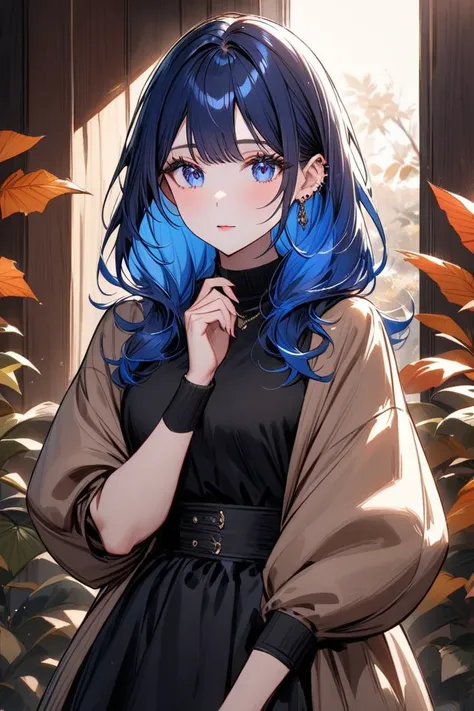  alone, female,  blue hair,   blue eyes,  long hair,  Straight hair , Expressed eyes , Autumn costume ,   Stylish , Stare in front of the camera,  big boobs , adult, cafe background