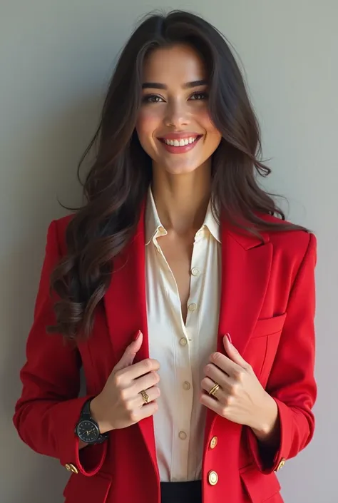 ((Foto RAW), absurdo, (resolução absurda)), obra-The image shows a young woman with long, dark hair, smiling confidently. She is wearing an elegant, vibrant red blazer with gold buttons and a sophisticated cut. Underneath the blazer, she is wearing a white...